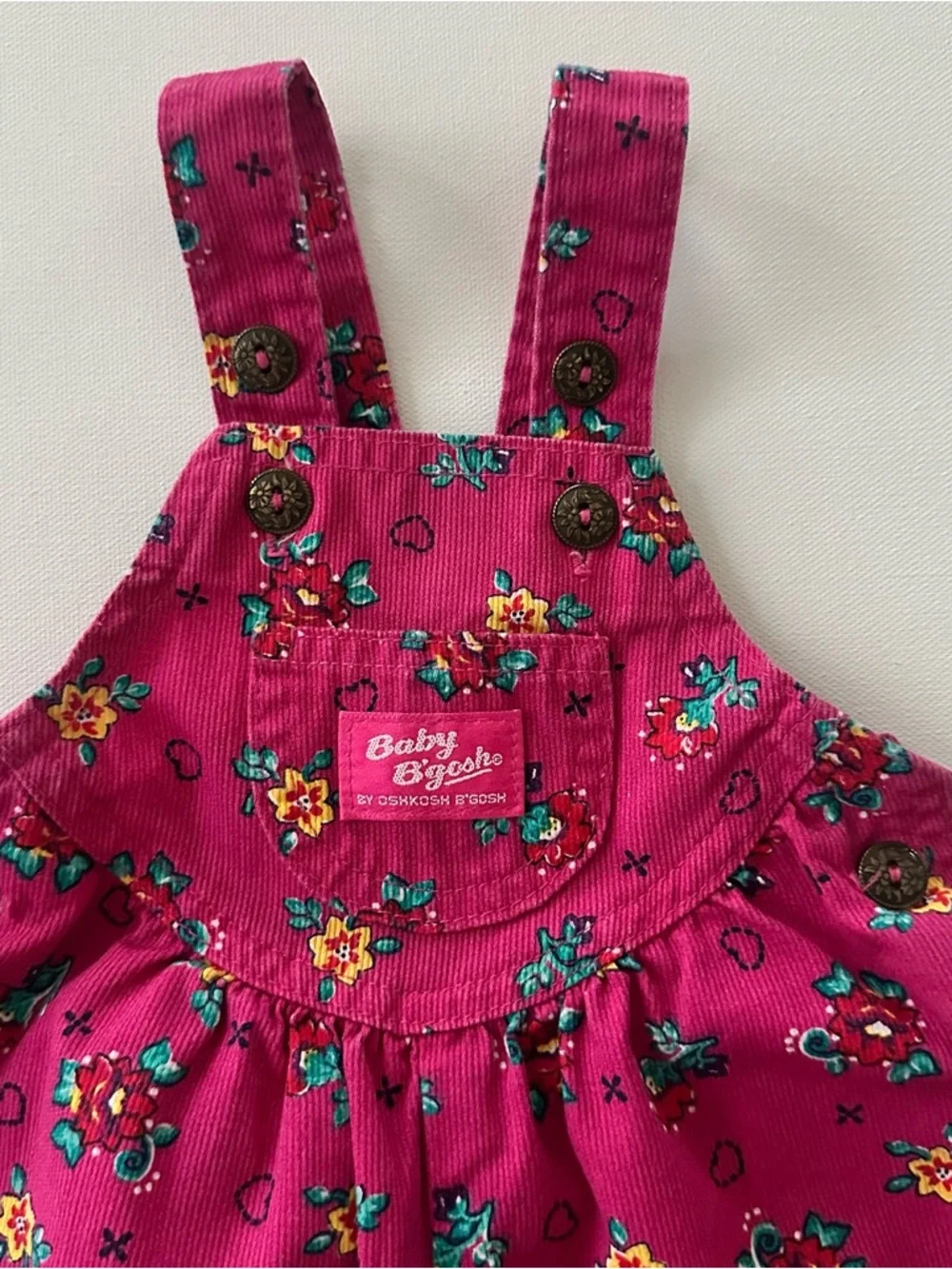 OshKosh B'gosh 6-9 Months Baby Girl Pink Floral Corduroy Overalls Vintage USA